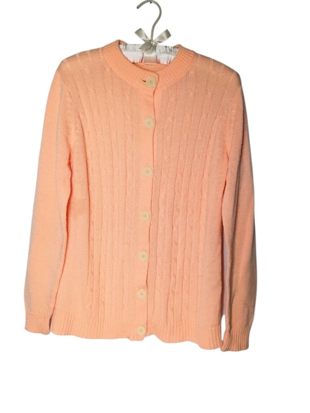 Vintage 70s Sandi Cable Knit Cardigan Sweater L Peach Classic Preppy